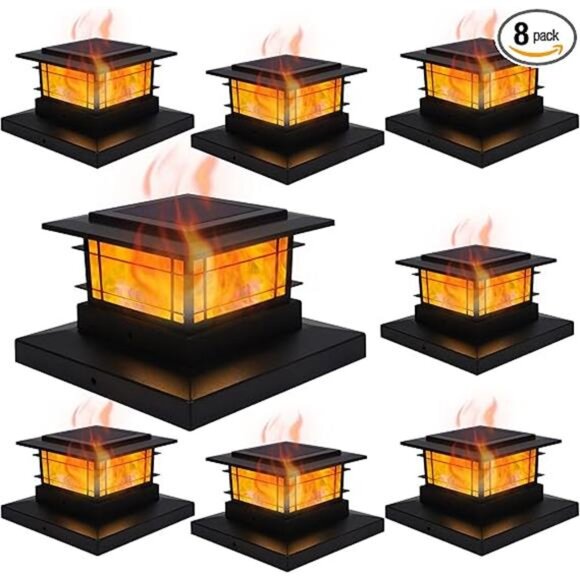 8 Pack Solar Post Cap Lights Outdoor with Flickering Flame Light, Fence Post - Picture 7 of 7